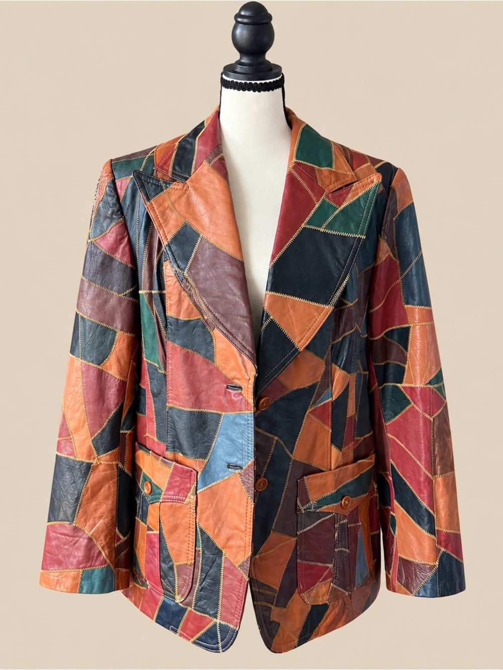 70s Vintage Patch Work Leather Blazer Cut Jacket L